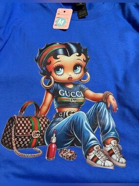 NEW Gucci style Betty Boop Graphic Tee - Bright Blue/Multicolor Print - Medium
